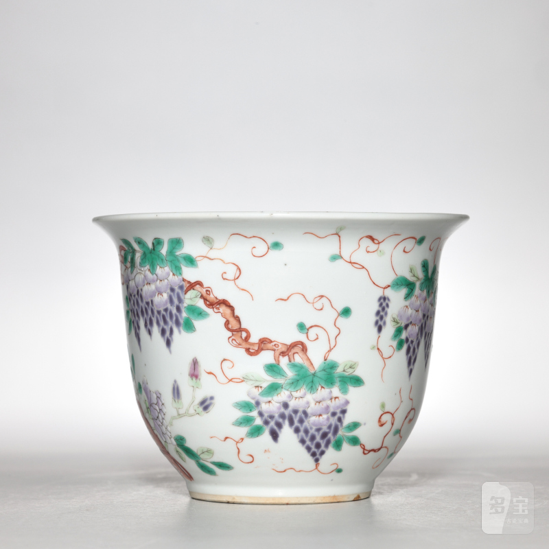 清晚期 粉彩花鸟葡萄纹花盆 - 图2